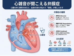 弁膜症のイラストです。弁膜症においてなぜ心雑音が生じるかを説明しています。