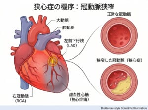 狭心症の際に冠動脈に起きている動脈硬化についてのイラスト