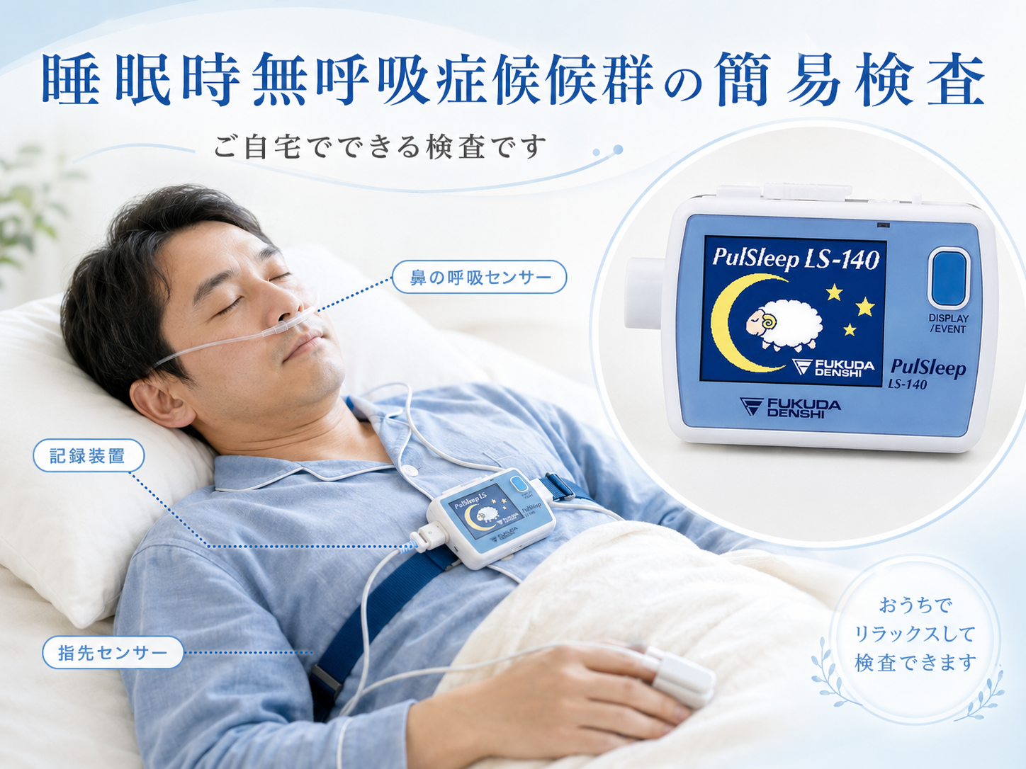 睡眠時無呼吸症候群の簡易検査機器の装着イメージ（フクダ電子 パルスリープLS-140）