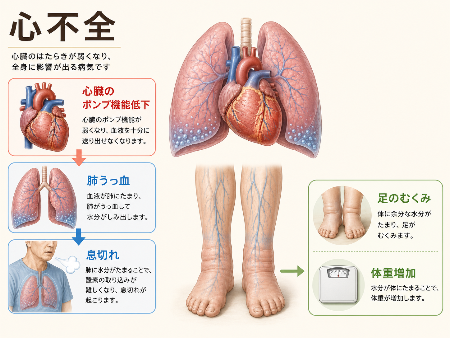 心不全では心臓のポンプ機能が低下し、肺うっ血による息切れや足のむくみ、体重増加が起こることを説明したイラスト