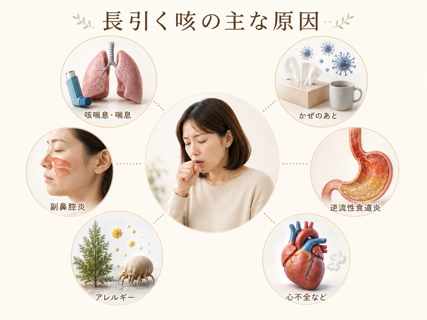 長引く咳の主な原因を示した図。咳喘息・喘息、かぜのあと、副鼻腔炎、逆流性食道炎、アレルギー、心不全など