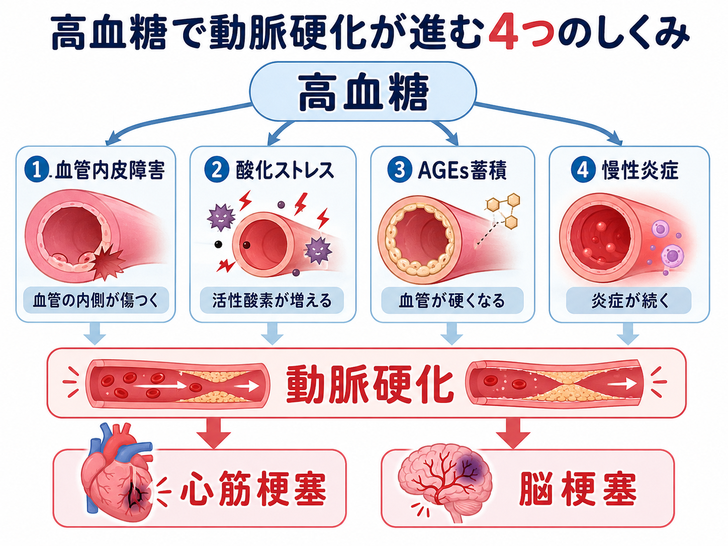 糖尿病が動脈硬化を進める4つのメカニズム（血管内皮障害・酸化ストレス・AGEs・慢性炎症）